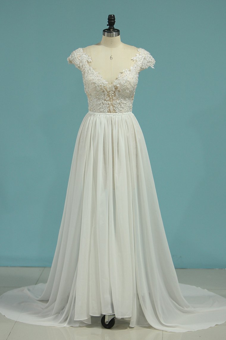 Beach Wedding Dresses A-Line V-Neck Chiffon Full Beaded Top