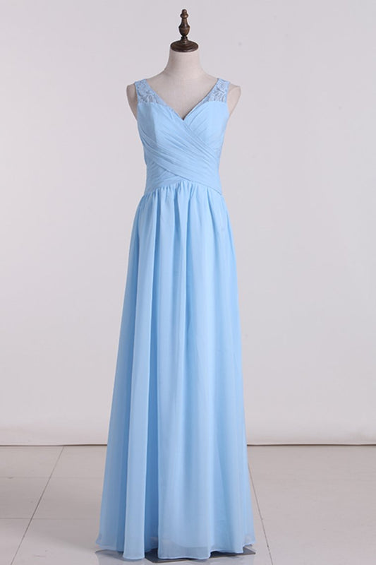 A Line V Neck Chiffon & Lace Bridesmaid Dresses Floor Length