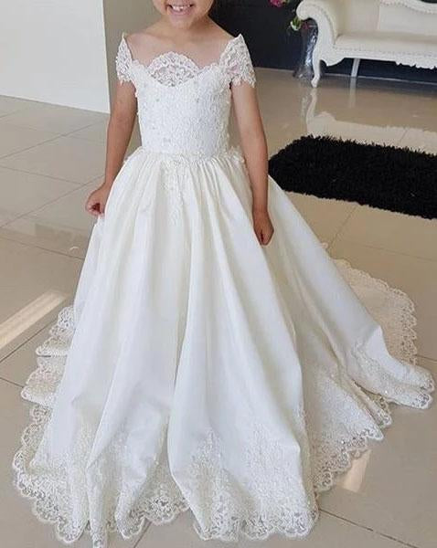 Lovely Cap Sleeves Appliques Ball Gown Little Flower Girl Dress, Off the Shoulder Baby Dress SRS15257