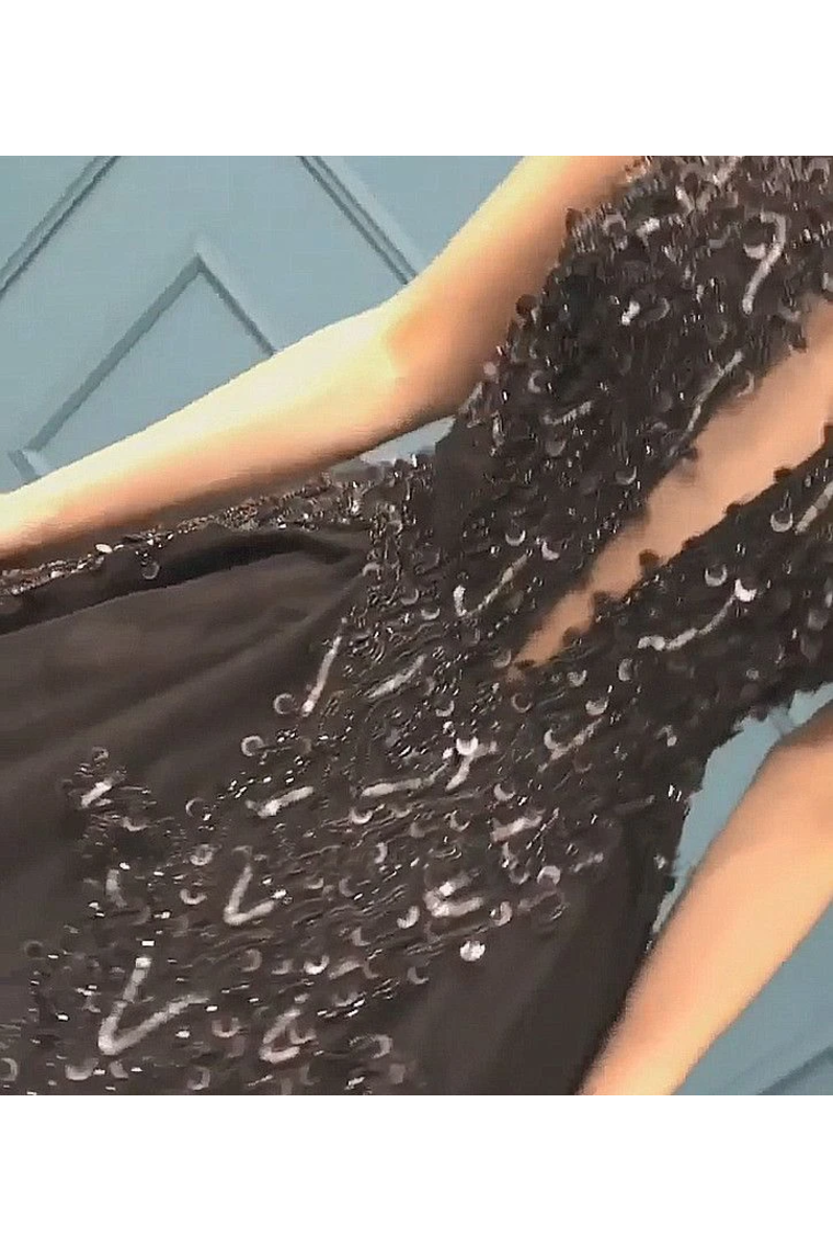 Sexy Ball Gown High Neck Black Tulle V Neck Sequins Party Dresses Prom SJSPQC2HNL1