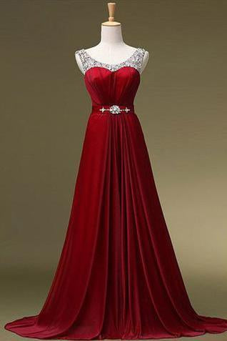 A Line O-neck Beading Long Satin Prom Dresses Evening Dresses