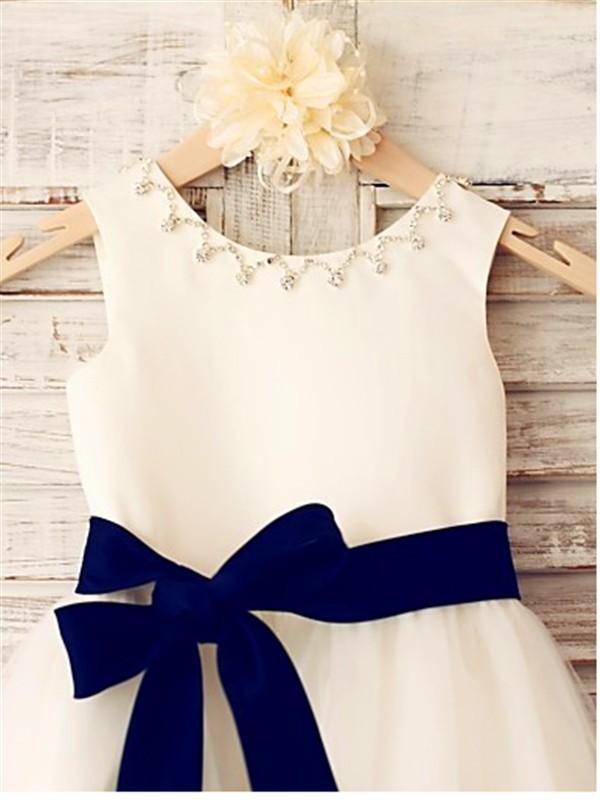 Ivory A-line Scoop Sleeveless Bowknot Tea-Length Tulle Flower Girl Dresses With Belt GD00005