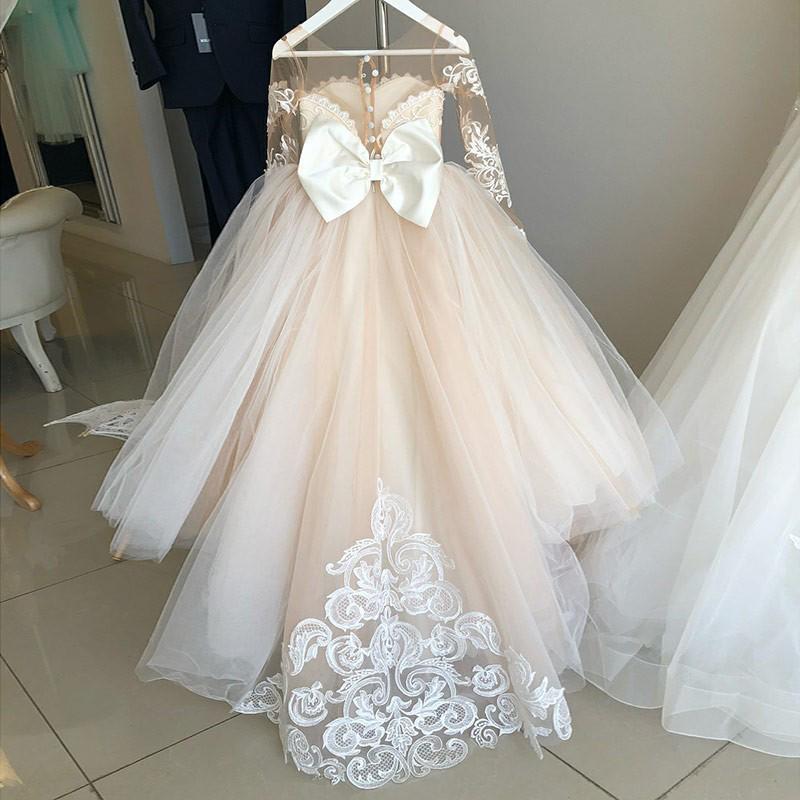 Princess A-Line Round Neck Tulle Long Sleeves Bowknot Flower Girl Dress with Appliques JS797