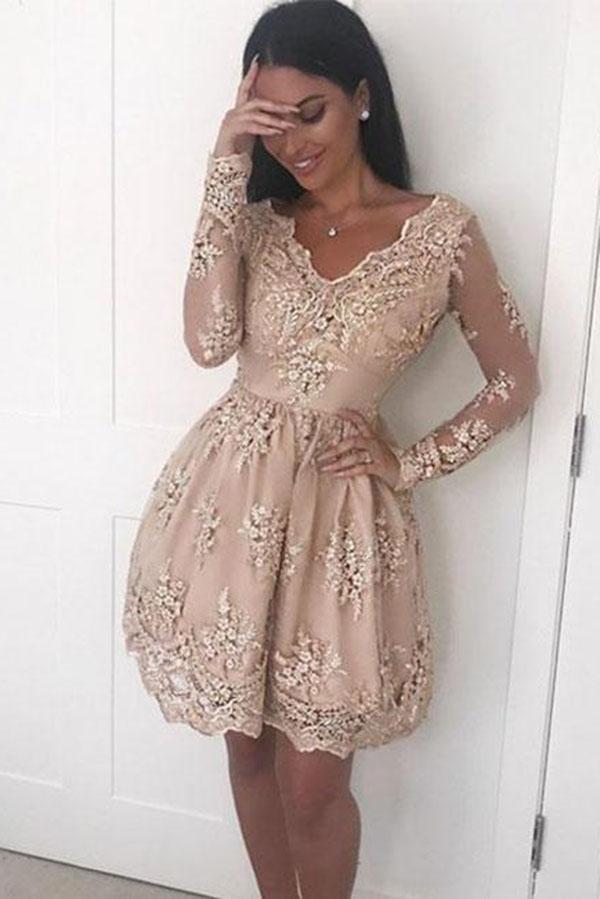 A Line V neck Lace Short Prom Dress Long Sleeve Satin Appliques Homecoming Dresses JS694