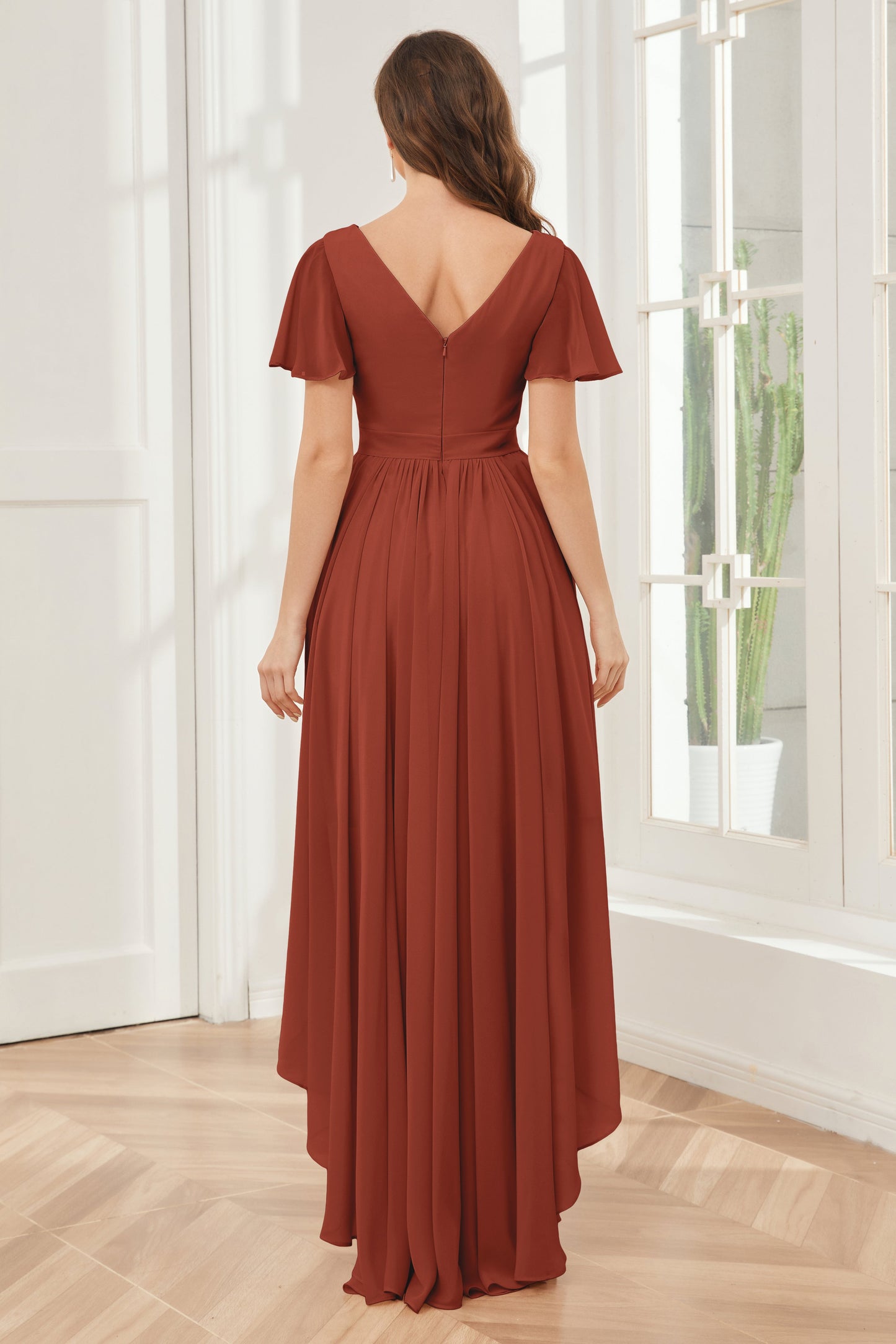 A-line Short Sleeves High Low Chiffon Bridesmaid Dresses