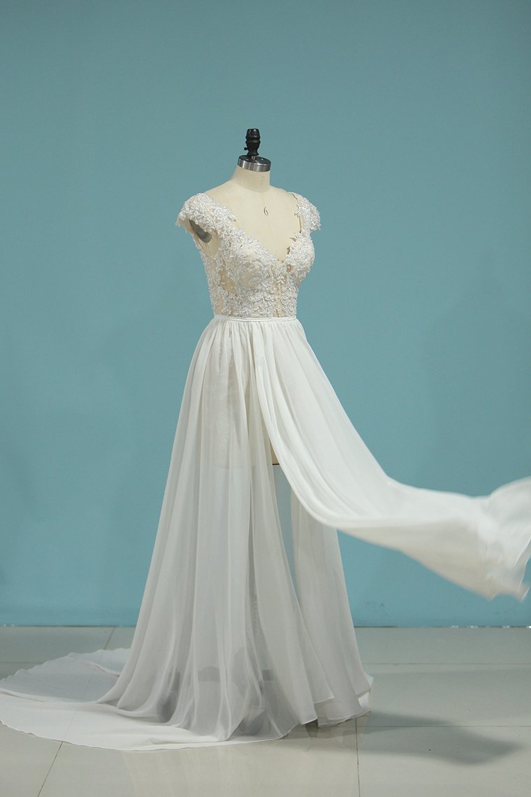 Beach Wedding Dresses A-Line V-Neck Chiffon Full Beaded Top