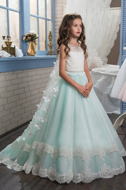 2024 A Line Tulle With Applique Flower Girl Dresses Scoop Sweep Train