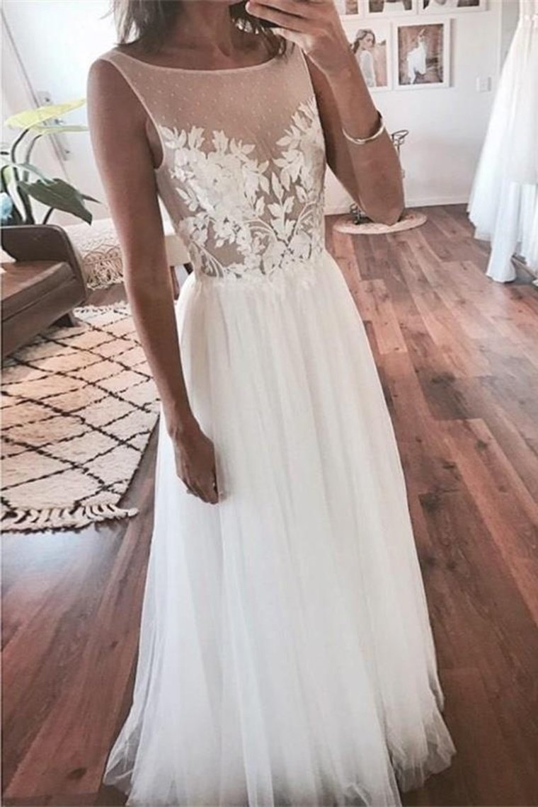 Elegant Ivory Long Lace Tulle Simple Cheap Beach Wedding Dresses