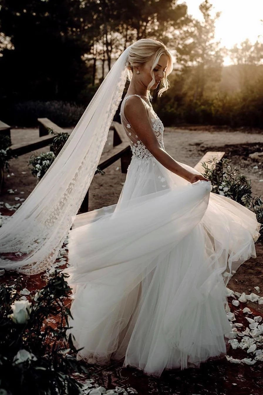 Elegant A Line V Neck Tulle Wedding Dresses with Flowers, V Back Beach Wedding Gowns SJS15513