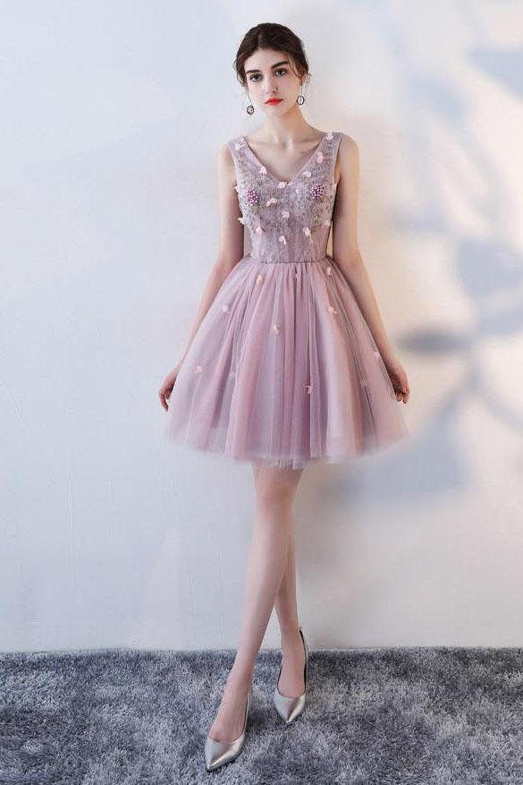 Princess Pink A Line V Neck Flowers Tulle Lace up Short Mini Homecoming Dresses JS877