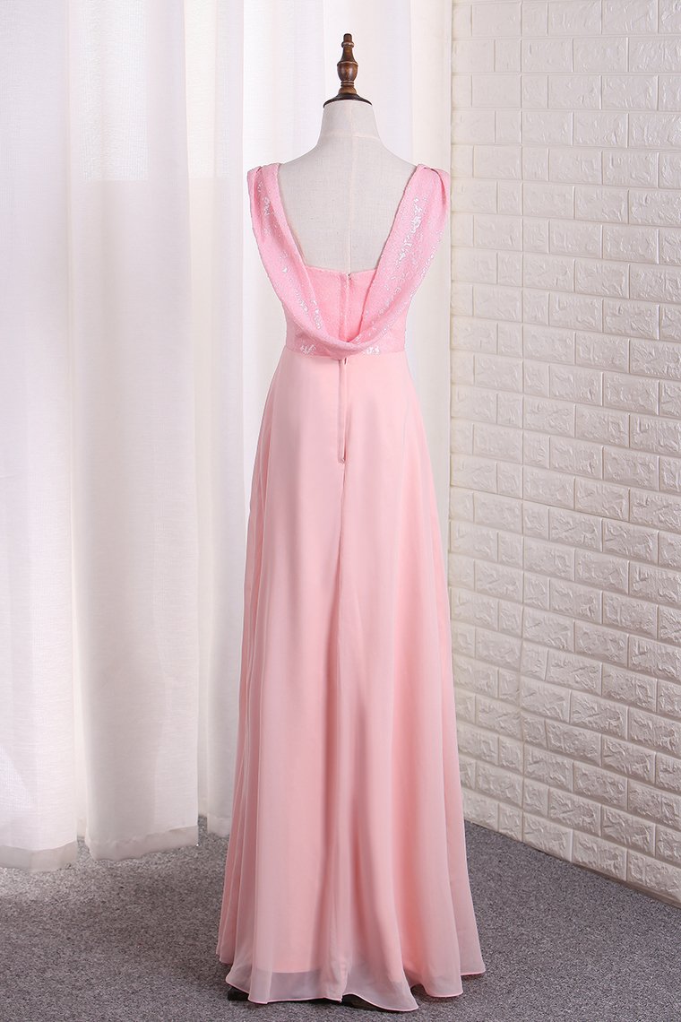 Bridesmaid Dresses Straps Sequined Bodice A Line Chiffon Floor Length