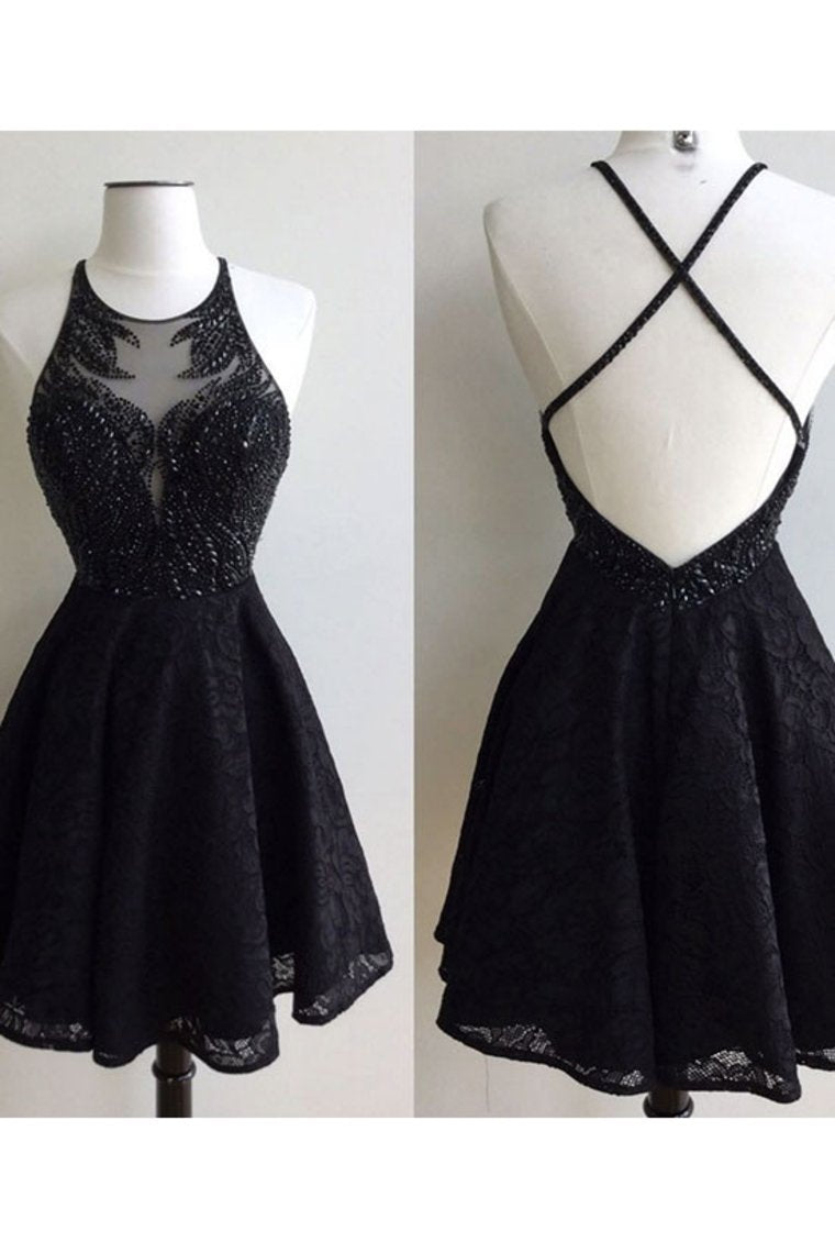 Sexy Open Back Scoop Beaded Bodice Homecoming Dresses A Line Lace