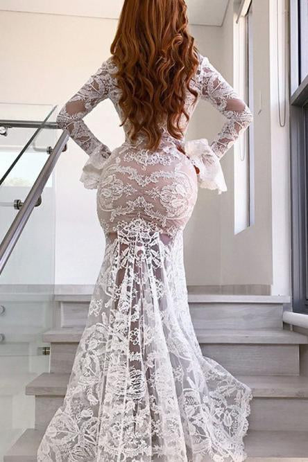 Long Sleeves Mermaid Lace V Neck Wedding Dresses with Slit, Wedding SRS20423