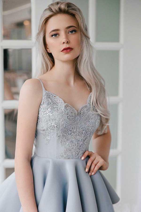 A Line V Neck Backless Satin Beaded Grey Spaghetti Straps Lace Homecoming Dresses JS921