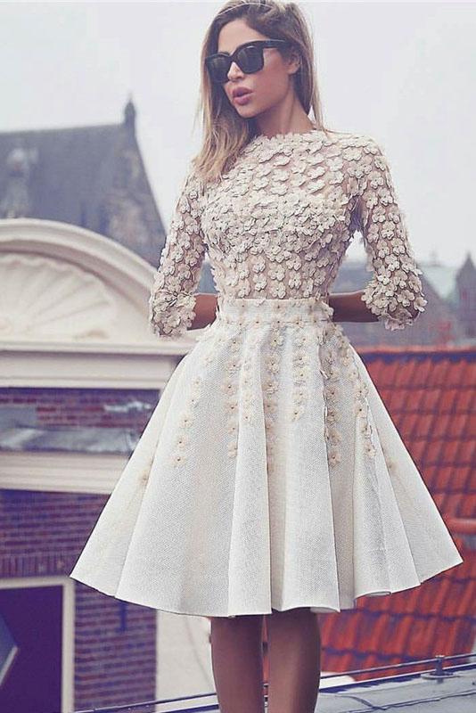 Glamorous Lace Short Flowers A-Line 3/4 Sleeves Hoco Knee-Length Homecoming Dresses JS301