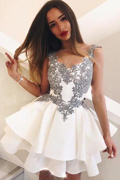 Cute A Line Scoop Grey Lace Appliques Ivory Mini Satin School Dress Homecoming Dresses JS992