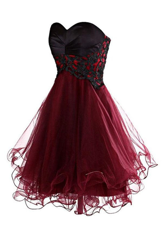 Lovely Cute Appliques Burgundy Sweetheart Organza Lace up Short Homecoming Dress JS689