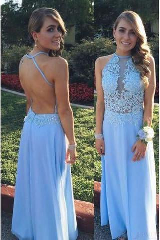 A Line Lace Bodice Backless Long Chiffon Prom Dresses Dresses