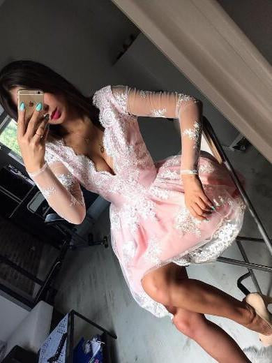 Cute A-line Long Sleeves Pink Short Lace Appliques V-Neck Homecoming Dress JS45