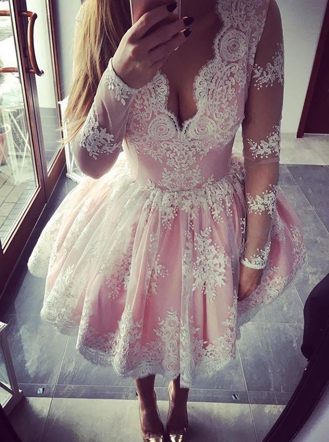 Cute A-line Long Sleeves Pink Short Lace Appliques V-Neck Homecoming Dress JS45