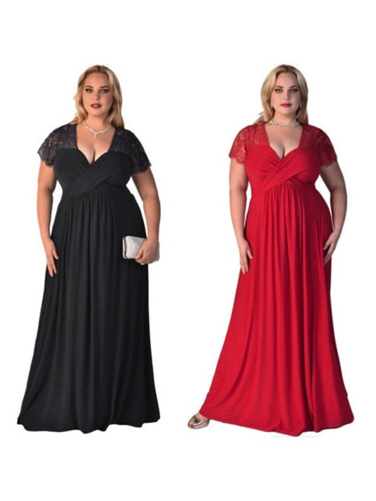 A-Line/Princess Short Sleeves V-neck Floor-Length Lace Chiffon Plus Size Dresses DEP0003786