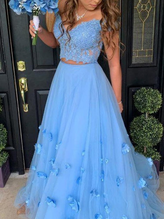 A-Line/Princess Tulle Off-the-Shoulder Applique Sleeveless Floor-Length Dresses DEP0001878