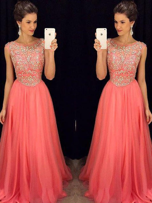 A-Line/Princess Scoop Sleeveless Beading Floor-Length Chiffon Dresses DEP0002220