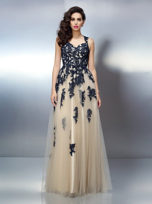 A-Line/Princess Straps Applique Sleeveless Long Elastic Woven Satin Dresses DEP0003437