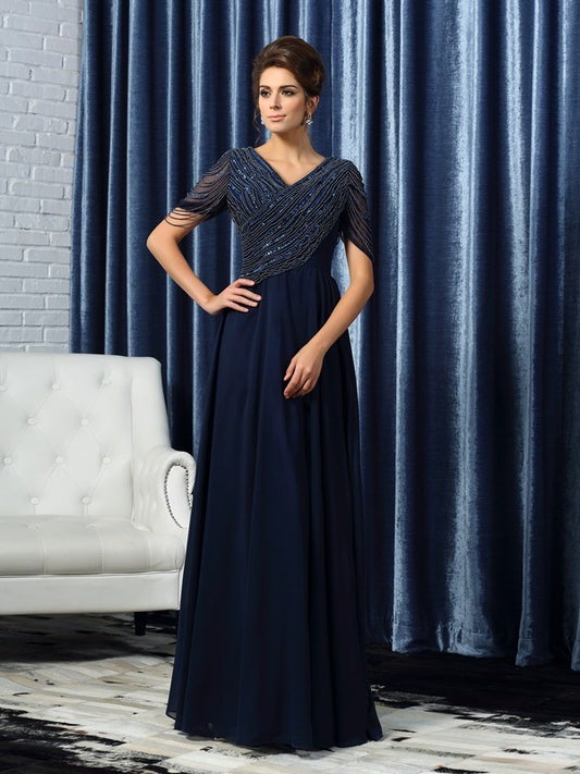 A-Line/Princess V-neck Short Sleeves Long Chiffon Mother of the Bride Dresses DEP0007151