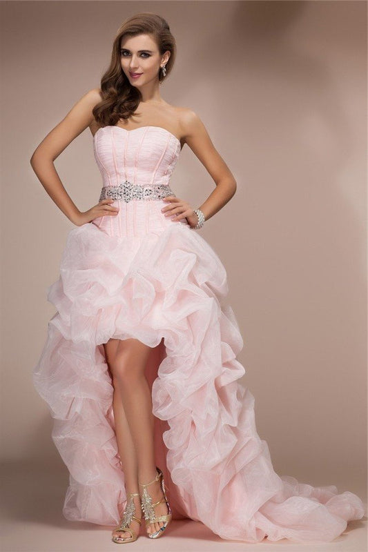 A-Line/Princess Sweetheart Sleeveless High Low Beading Organza Dresses DEP0002188