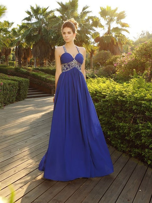 A-Line/Princess Straps Beading Sleeveless Long Chiffon Dresses DEP0002740