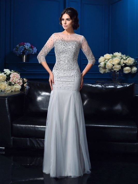 Sheath/Column Scoop Beading 3/4 Sleeves Long Net Mother of the Bride Dresses DEP0007137