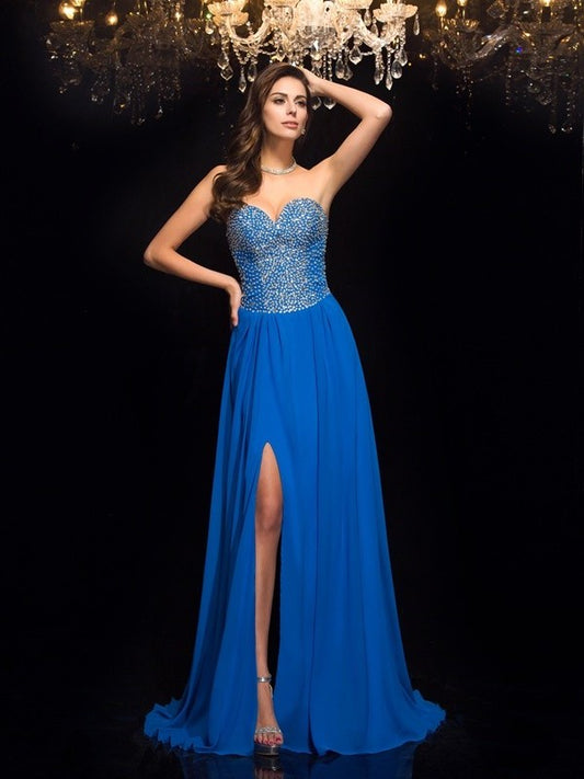 A-Line/Princess Sweetheart Beading Sleeveless Long Chiffon Dresses DEP0003612