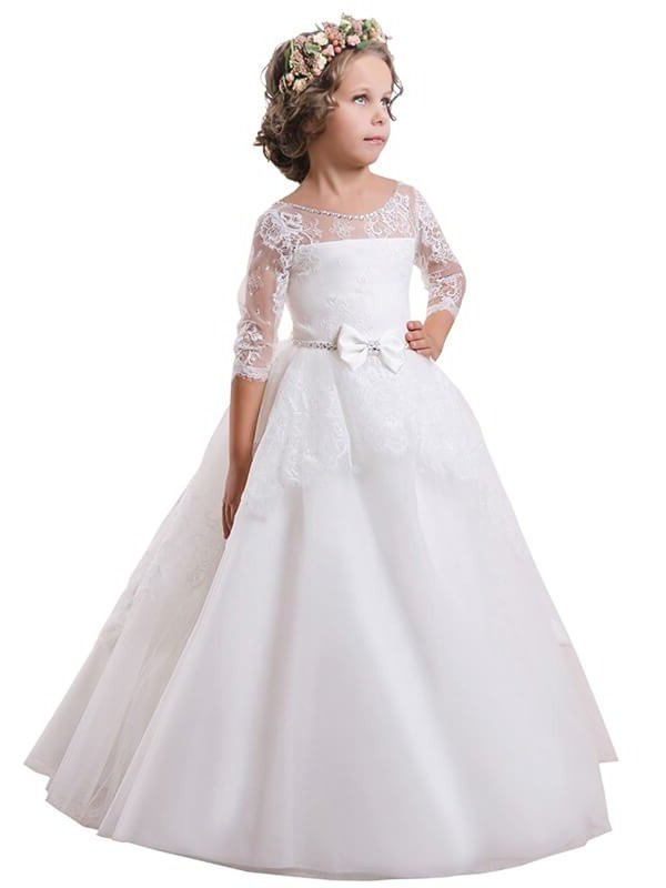 Ball Gown Jewel Long Sleeves Lace Sweep/Brush Train Satin Flower Girl Dresses DEP0007605