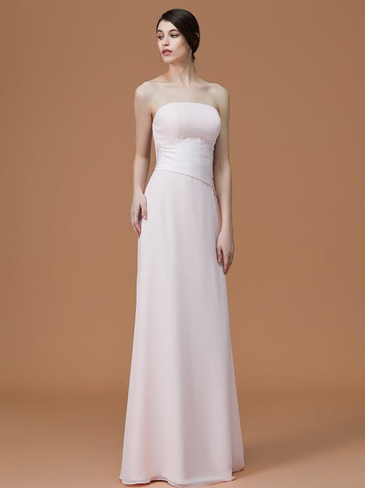 A-Line/Princess Strapless Sleeveless Floor-Length Ruched Chiffon Bridesmaid Dresses DEP0005696