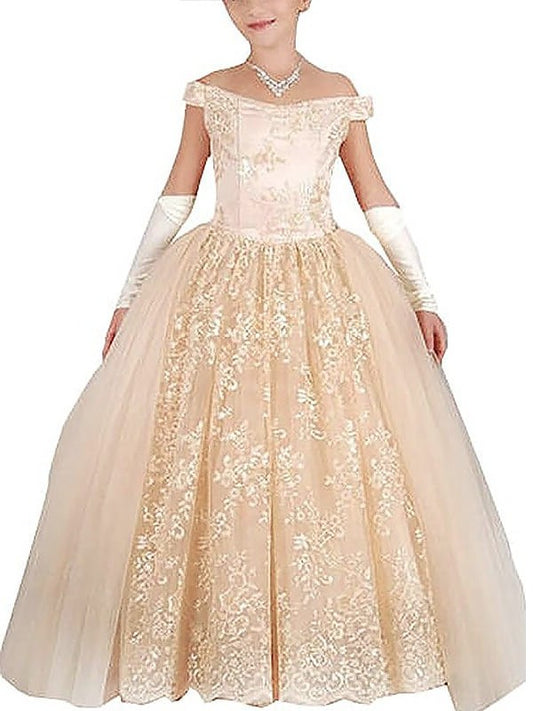 Ball Gown Off-the-Shoulder Sleeveless Applique Floor-Length Tulle Flower Girl Dresses DEP0007569