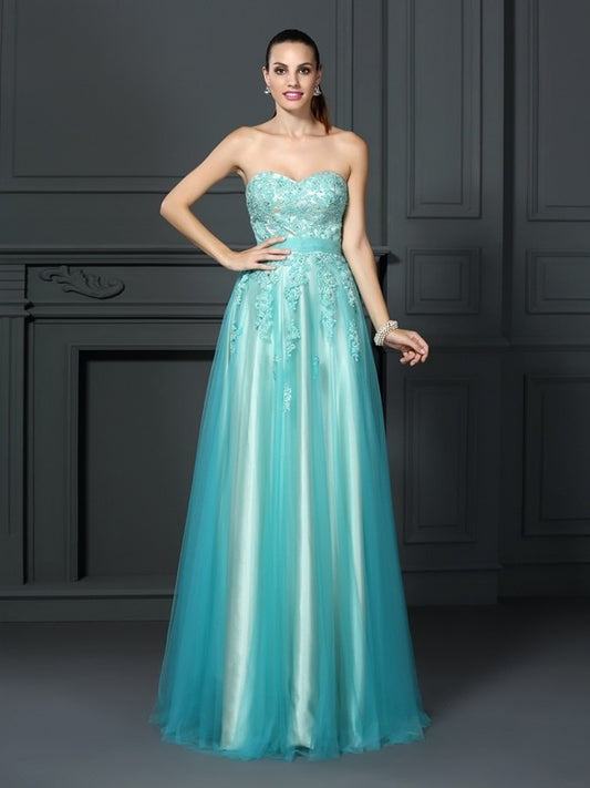 A-Line/Princess Sweetheart Applique Sleeveless Long Elastic Woven Satin Dresses DEP0004387