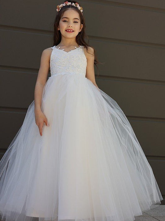 A-Line/Princess Tulle Bowknot Sweetheart Sleeveless Floor-Length Flower Girl Dresses DEP0007458