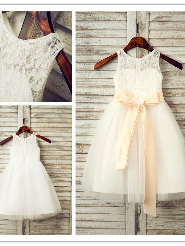 A-Line/Princess Tulle Sash/Ribbon/Belt Scoop Sleeveless Tea-Length Flower Girl Dresses DEP0007523