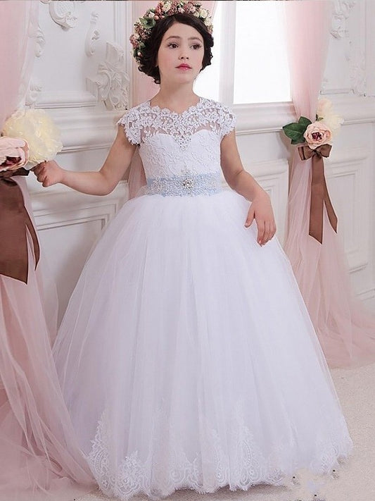 Ball Gown Sleeveless Scoop Sash/Ribbon/Belt Floor-Length Tulle Flower Girl Dresses DEP0007662