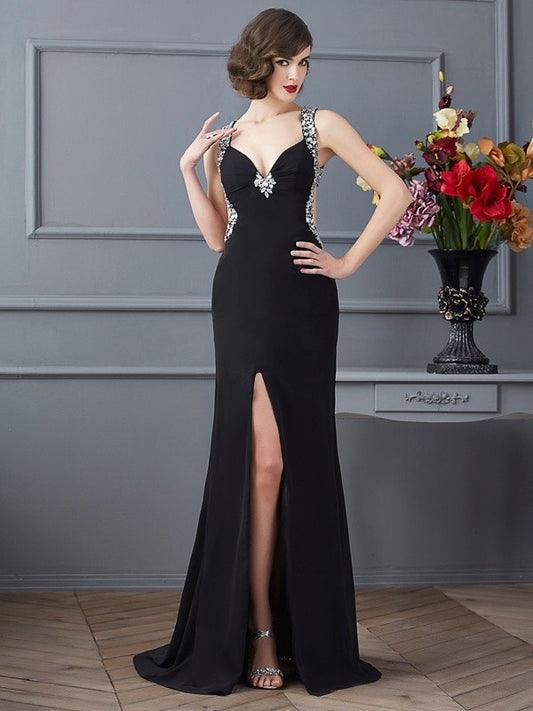 Sheath/Column Straps Sleeveless Beading Long Chiffon Dresses DEP0002268