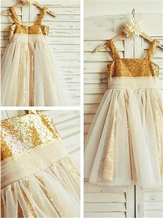 A-line/Princess Spaghetti Straps Sleeveless Ruffles Tea-Length Sequins Flower Girl Dresses DEP0007824