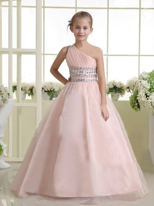 A-line/Princess One-shoulder Sleeveless Beading Long Organza Flower Girl Dresses DEP0007661