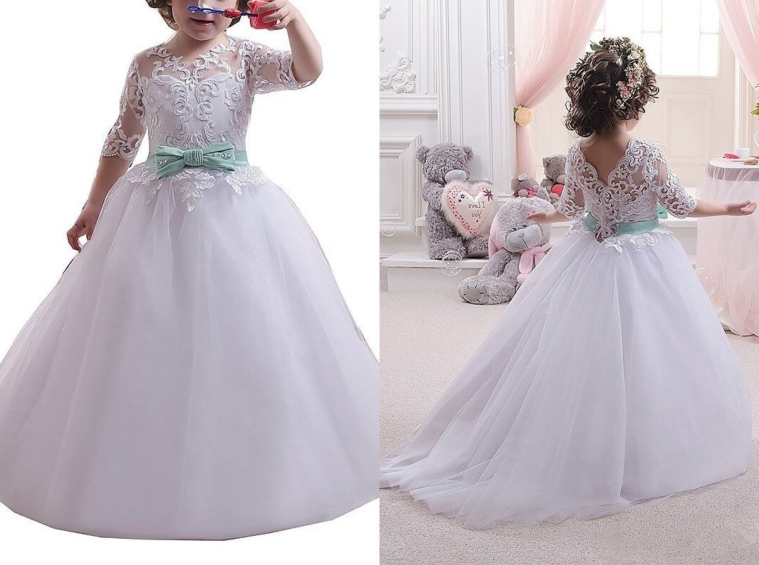 Ball Gown Jewel 1/2 Sleeves Lace Floor-Length Tulle Flower Girl Dresses DEP0007750