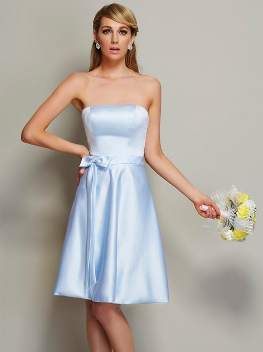 A-Line/Princess Strapless Sleeveless Bowknot Short Satin Bridesmaid Dresses DEP0005863