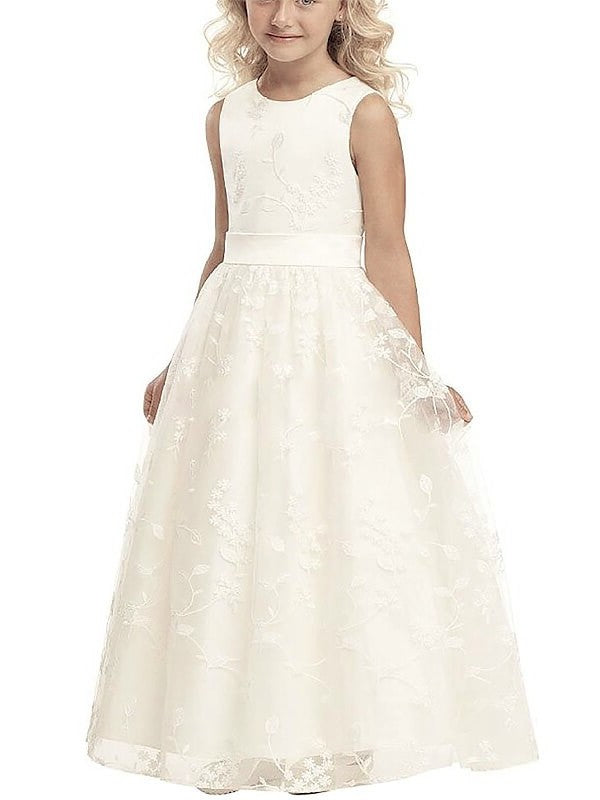 A-line/Princess Scoop Sleeveless Applique Tulle Floor-Length Flower Girl Dresses DEP0007740