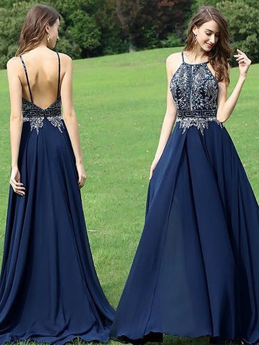 A-Line/Princess Sleeveless Halter Chiffon Beading Sweep/Brush Train Dresses DEP0002106