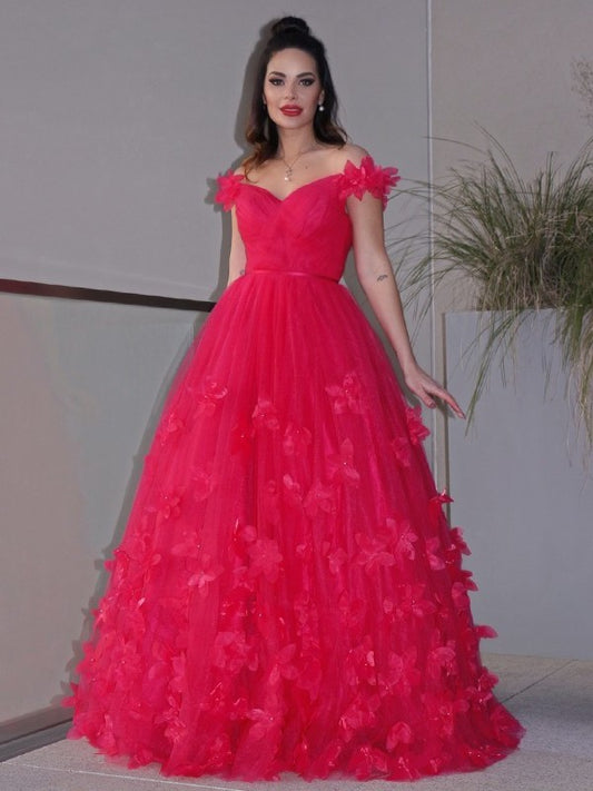 A-Line/Princess Tulle Hand-Made Flower Off-the-Shoulder Sleeveless Floor-Length Dresses DEP0001604