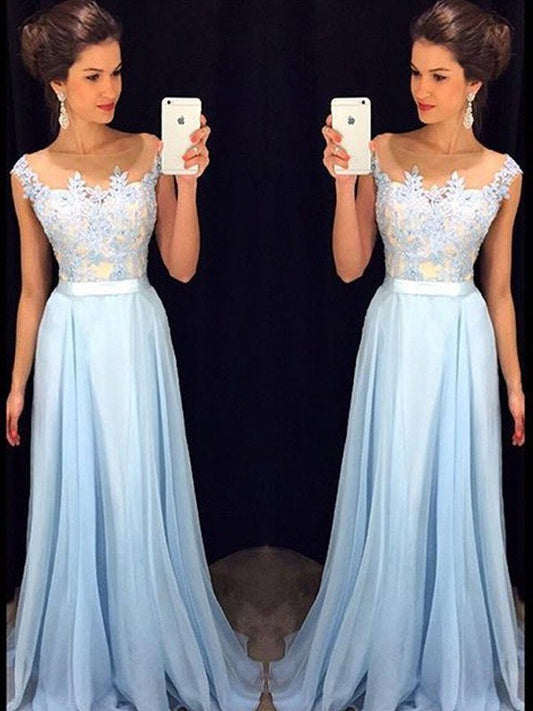 A-Line/Princess Sleeveless Sheer Neck Applique Chiffon Sweep/Brush Train Dresses DEP0001884