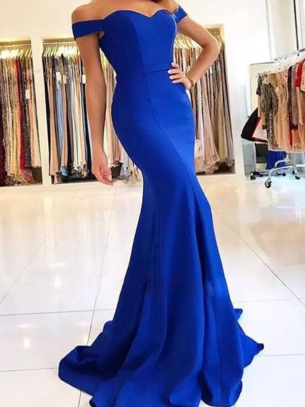 Trumpet/Mermaid Off-the-Shoulder Sleeveless Sweep/Brush Train Ruffles Satin Dresses DEP0002281